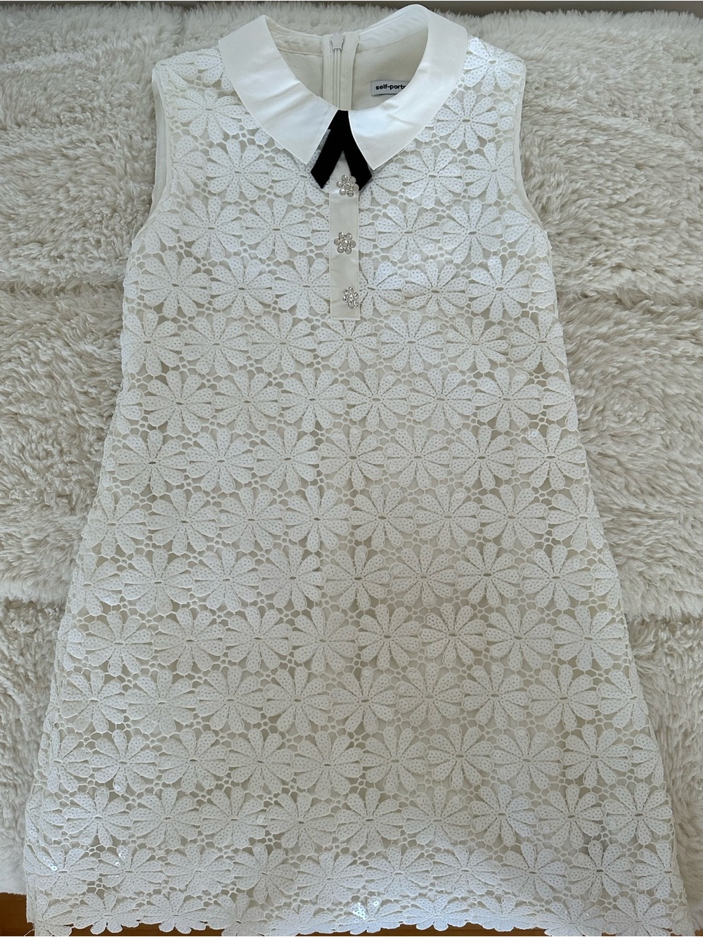 Self-Portrait Girls' White Lace Floral Dress with Black Bow Collar